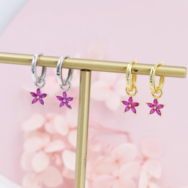 Fuchsia Red Flower CZ Huggie Hoop in Sterling Silver, Silver or Gold, Minimalist Simple Hoop Earrings, Detachable and Interchangeable