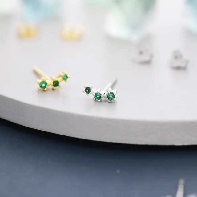 Extra Tiny Emerald Green Trio Stud Earrings in Sterling Silver, Silver or Gold, Tiny Three Star CZ Earrings, Stacking Earrings