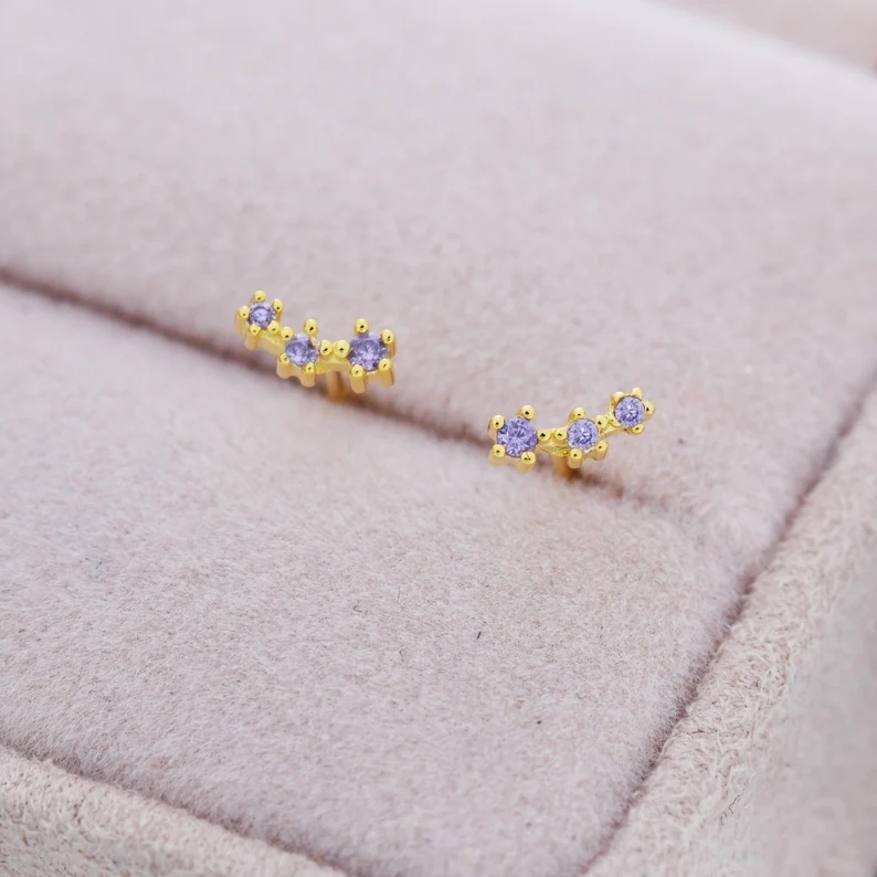 Extra Tiny Alexandrite CZ Trio Stud Earrings in Sterling Silver, Silver or Gold, Tiny Three Star CZ Earrings, Stacking Earrings