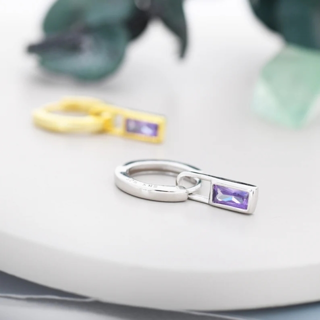 Alexandrite Purple Baguette CZ Huggie Hoop in Sterling Silver, Silver or Gold, CZ Minimalist Hoop Earrings, Detachable and Interchangeable