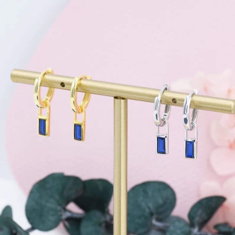Sapphire Blue Baguette CZ Huggie Hoop in Sterling Silver, Silver or Gold, CZ Minimalist Hoop Earrings, Detachable and Interchangeable