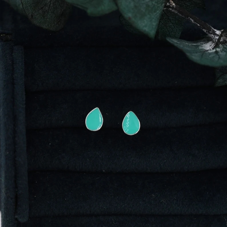 Teal Green Droplet Dot Stud Earrings in Sterling Silver with Hand Painted Enamel, Teal Green Stud, Enamel Droplet, Drop Shape