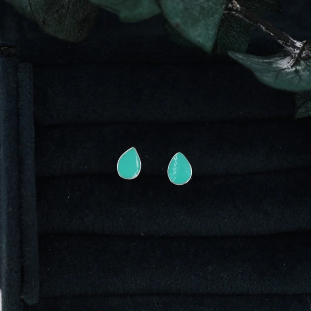Teal Green Droplet Dot Stud Earrings in Sterling Silver with Hand Painted Enamel, Teal Green Stud, Enamel Droplet, Drop Shape