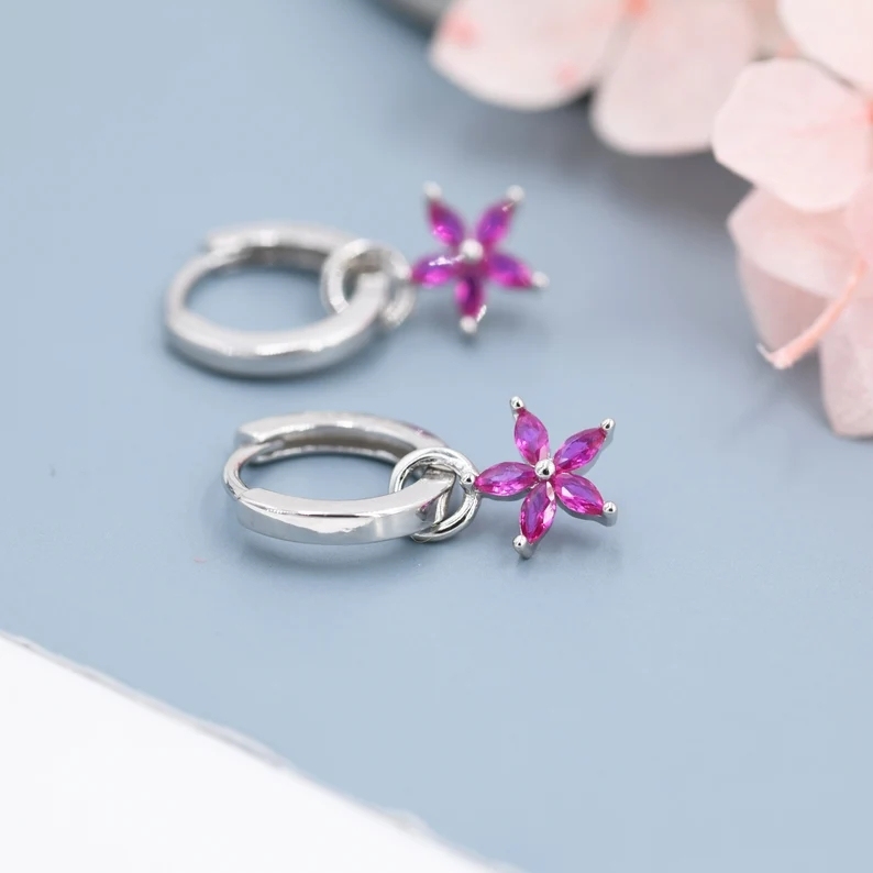 Fuchsia Red Flower CZ Huggie Hoop in Sterling Silver, Silver or Gold, Minimalist Simple Hoop Earrings, Detachable and Interchangeable
