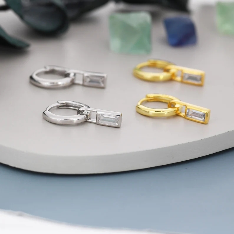 Baguette CZ Huggie Hoop in Sterling Silver, Silver or Gold, CZ Minimalist Hoop Earrings, Detachable and Interchangeable