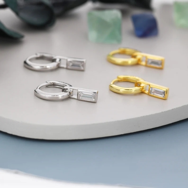 Baguette CZ Huggie Hoop in Sterling Silver, Silver or Gold, CZ Minimalist Hoop Earrings, Detachable and Interchangeable