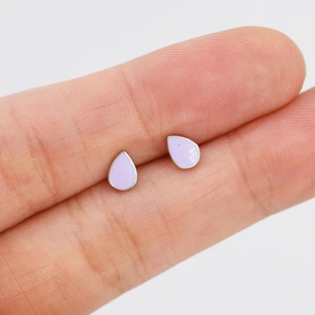 Purple Droplet Dot Stud Earrings in Sterling Silver with Hand Painted Enamel, Purple Stud, Enamel Droplet, Drop Shape
