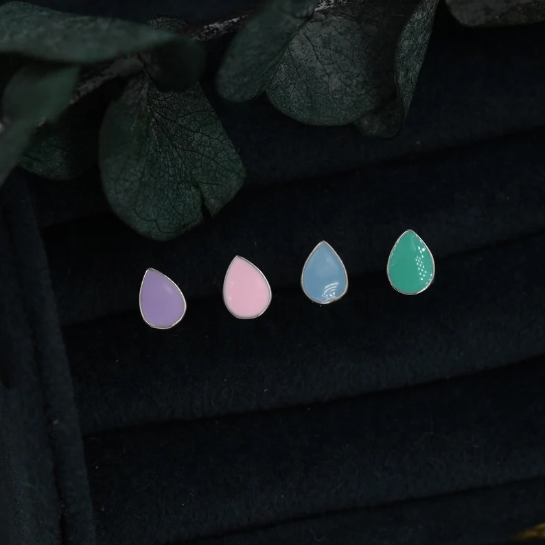 Black Droplet Dot Stud Earrings in Sterling Silver with Hand Painted Enamel, Black Stud, Enamel Droplet, Drop Shape