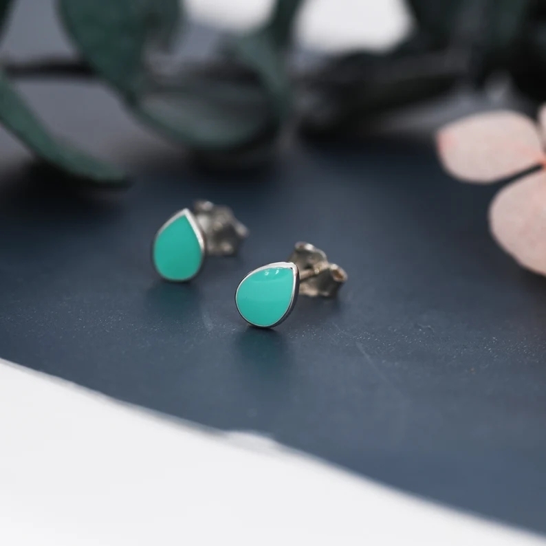 Teal Green Droplet Dot Stud Earrings in Sterling Silver with Hand Painted Enamel, Teal Green Stud, Enamel Droplet, Drop Shape