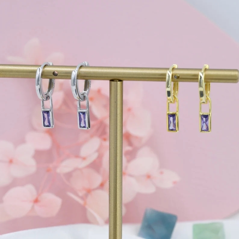 Alexandrite Purple Baguette CZ Huggie Hoop in Sterling Silver, Silver or Gold, CZ Minimalist Hoop Earrings, Detachable and Interchangeable