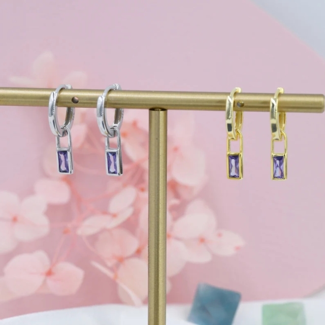 Alexandrite Purple Baguette CZ Huggie Hoop in Sterling Silver, Silver or Gold, CZ Minimalist Hoop Earrings, Detachable and Interchangeable