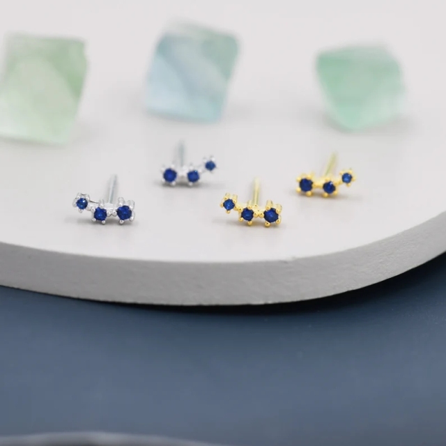 Extra Tiny Sapphire Blue CZ Trio Stud Earrings in Sterling Silver, Silver or Gold, Tiny Three Star CZ Earrings, Stacking Earrings