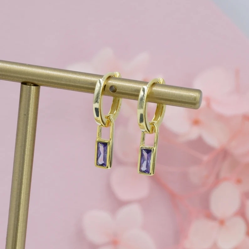 Alexandrite Purple Baguette CZ Huggie Hoop in Sterling Silver, Silver or Gold, CZ Minimalist Hoop Earrings, Detachable and Interchangeable