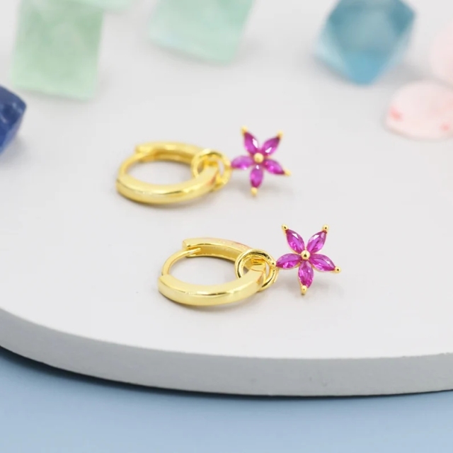 Fuchsia Red Flower CZ Huggie Hoop in Sterling Silver, Silver or Gold, Minimalist Simple Hoop Earrings, Detachable and Interchangeable