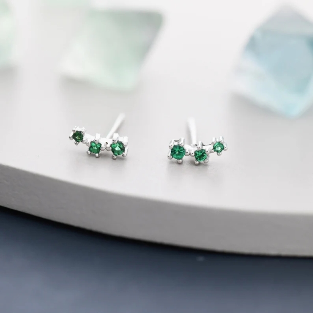 Extra Tiny Emerald Green Trio Stud Earrings in Sterling Silver, Silver or Gold, Tiny Three Star CZ Earrings, Stacking Earrings