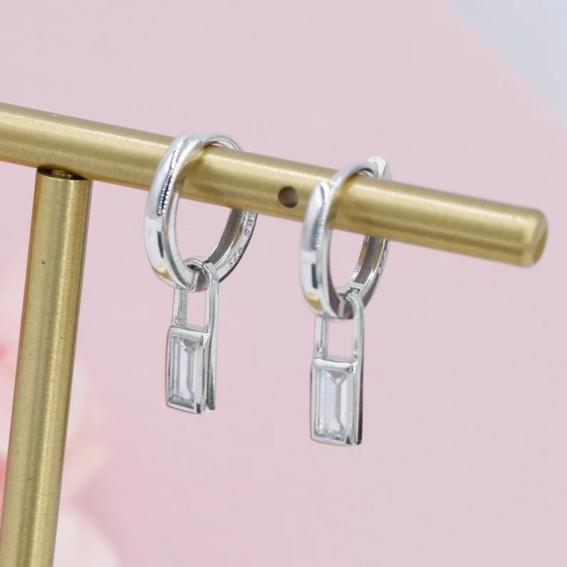 Baguette CZ Huggie Hoop in Sterling Silver, Silver or Gold, CZ Minimalist Hoop Earrings, Detachable and Interchangeable