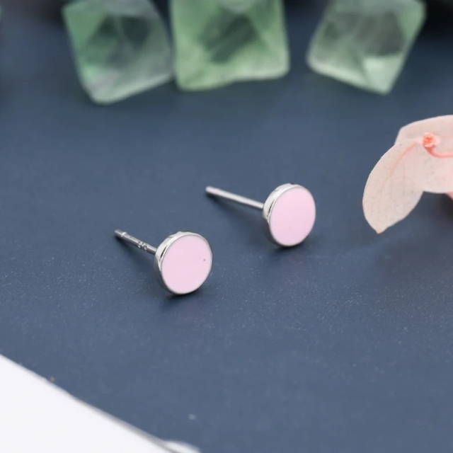 Pink Circle Dot Stud Earrings in Sterling Silver with Hand Painted Enamel, Pastel Stud, Teal, Turquoise, Blue, Pink, Purple, Tiny Stud