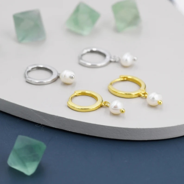 Tiny Dangle Pearl Huggie Hoops Earrings in Sterling Silver, Genuine Freshwater Pearls, Silver or Gold, Minimalist Simple Hoop Earrings