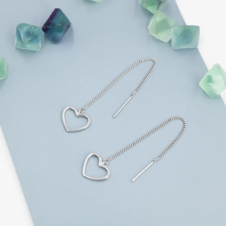 Open Heart Threader Earrings in Sterling Silver, Cutout Heart Ear Threaders, Silver, Gold or Rose Gold, Short Ear Threaders