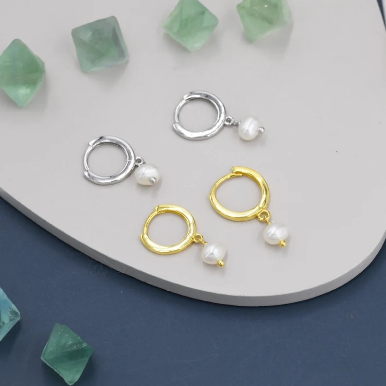 Tiny Dangle Pearl Huggie Hoops Earrings in Sterling Silver, Genuine Freshwater Pearls, Silver or Gold, Minimalist Simple Hoop Earrings