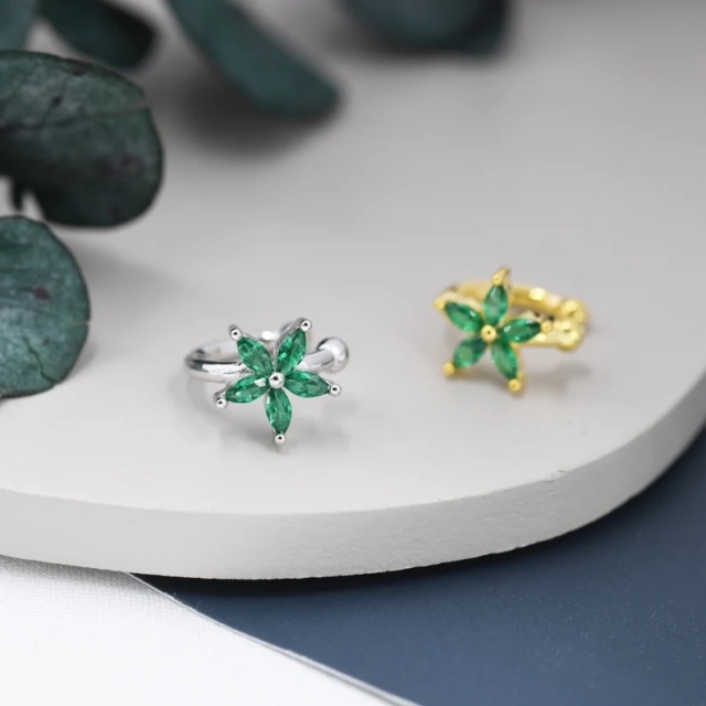 Emerald Green CZ Flower Ear Cuff in Sterling Silver, Silver or Gold, Simple Piercing Free Earrings, Minimalist Ear Cuff