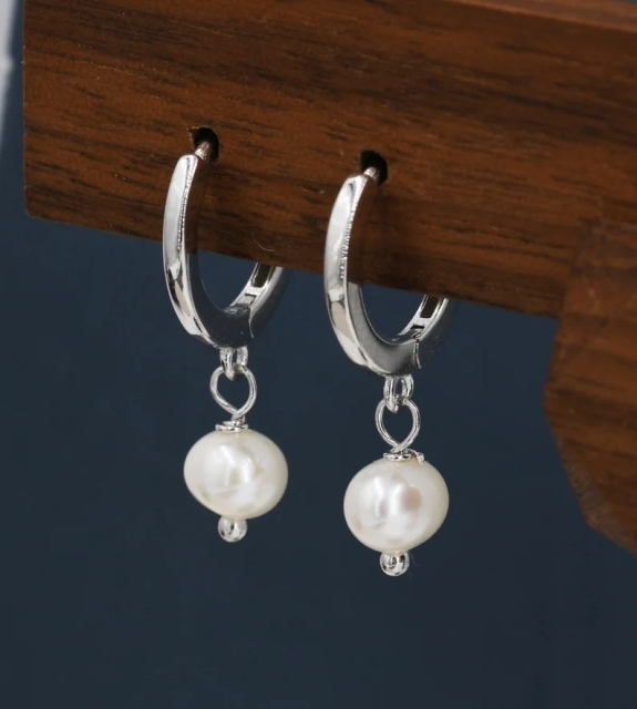 Tiny Dangle Pearl Huggie Hoops Earrings in Sterling Silver, Genuine Freshwater Pearls, Silver or Gold, Minimalist Simple Hoop Earrings