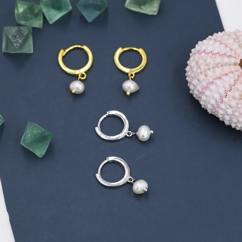 Tiny Dangle Pearl Huggie Hoops Earrings in Sterling Silver, Genuine Freshwater Pearls, Silver or Gold, Minimalist Simple Hoop Earrings