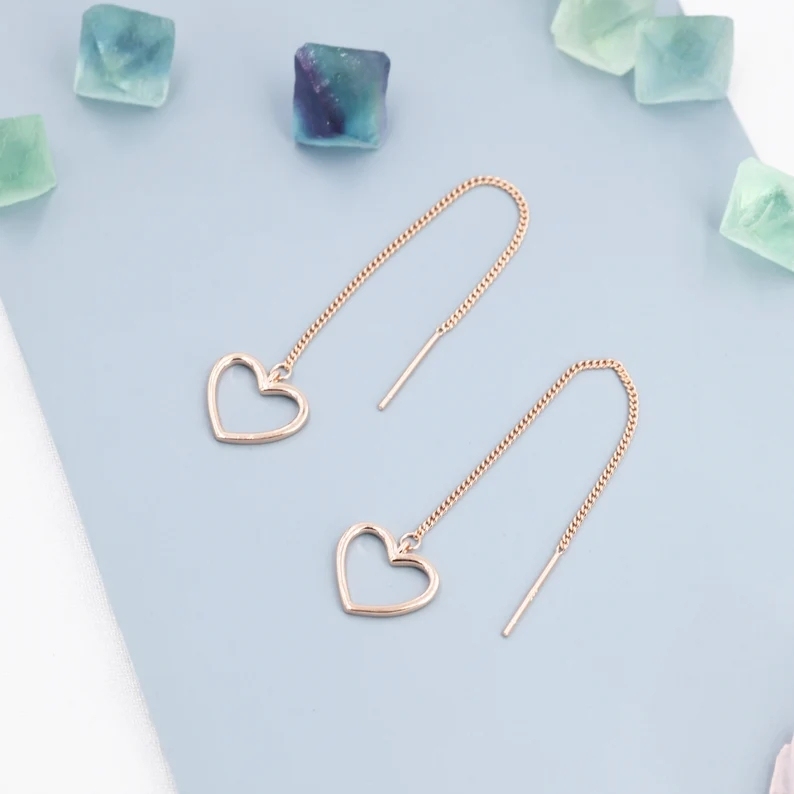 Open Heart Threader Earrings in Sterling Silver, Cutout Heart Ear Threaders, Silver, Gold or Rose Gold, Short Ear Threaders
