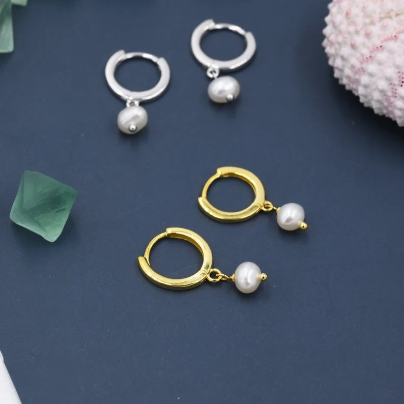 Tiny Dangle Pearl Huggie Hoops Earrings in Sterling Silver, Genuine Freshwater Pearls, Silver or Gold, Minimalist Simple Hoop Earrings