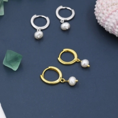 Tiny Dangle Pearl Huggie Hoops Earrings in Sterling Silver, Genuine Freshwater Pearls, Silver or Gold, Minimalist Simple Hoop Earrings