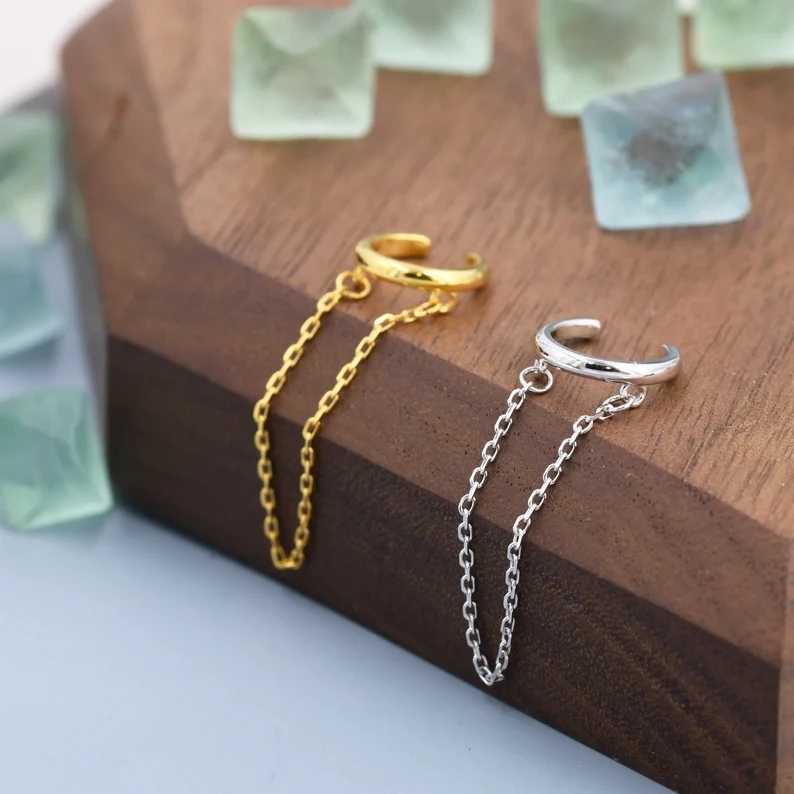 Sterling Silver Ear Cuff with Dangling Chain, Silver or Gold, Simple Piercing Free Earrings, Minimalist Ear Cuff, Chained Ear Cuff