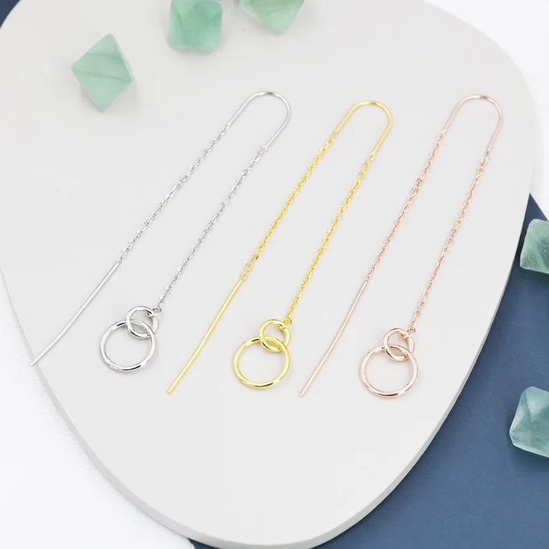 Double Circle Threader Earrings in Sterling Silver, Interlink Circle Ear Threaders, Silver, Gold or Rose Gold, Long Threaders U Threaders