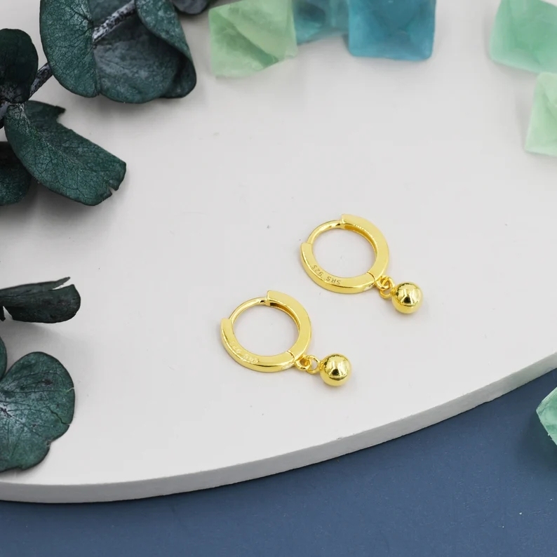Dangle Ball Hoop Earrings in Sterling Silver, Dangle Hoop Earrings, Silver, Gold or Rose Gold, Silver Ball Huggie Hoops
