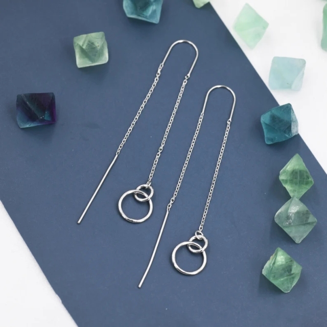 Double Circle Threader Earrings in Sterling Silver, Interlink Circle Ear Threaders, Silver, Gold or Rose Gold, Long Threaders U Threaders