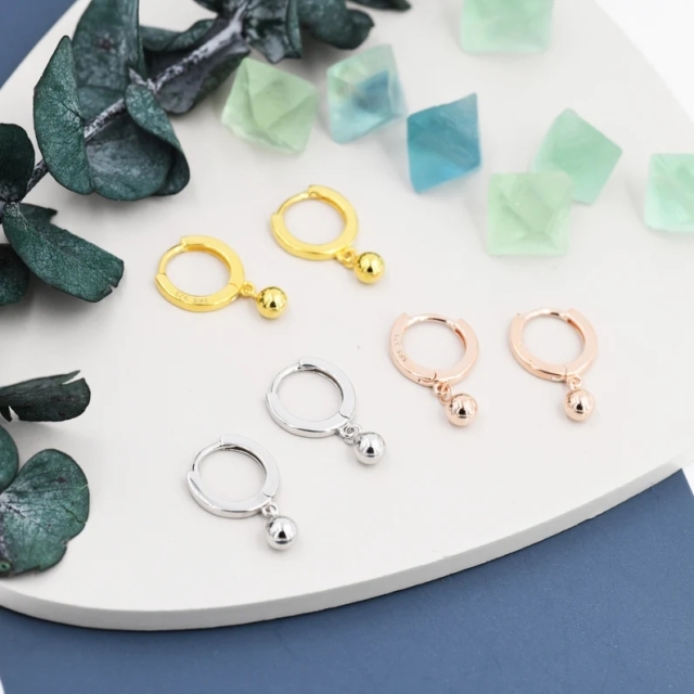 Dangle Ball Hoop Earrings in Sterling Silver, Dangle Hoop Earrings, Silver, Gold or Rose Gold, Silver Ball Huggie Hoops