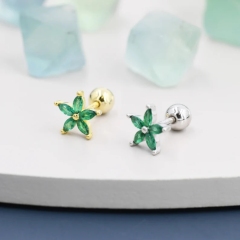 Sterling Silver Emerald Green CZ Flower Barbell Earrings, Gold or Silver, Marquise CZ Screw Back Earrings, Stacking Earings