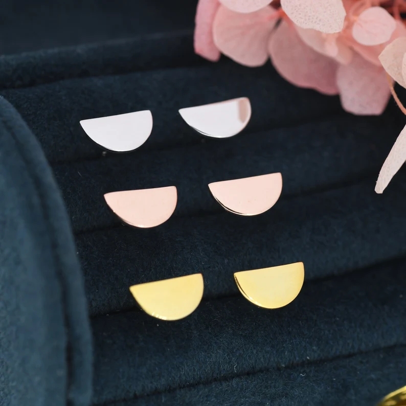 Sterling Silver Half Circle Stud Earrings, Half Moon Stud Earrings, Silver, Gold or Rose Gold, Small Earrings, Stacking Earrings, Geometric