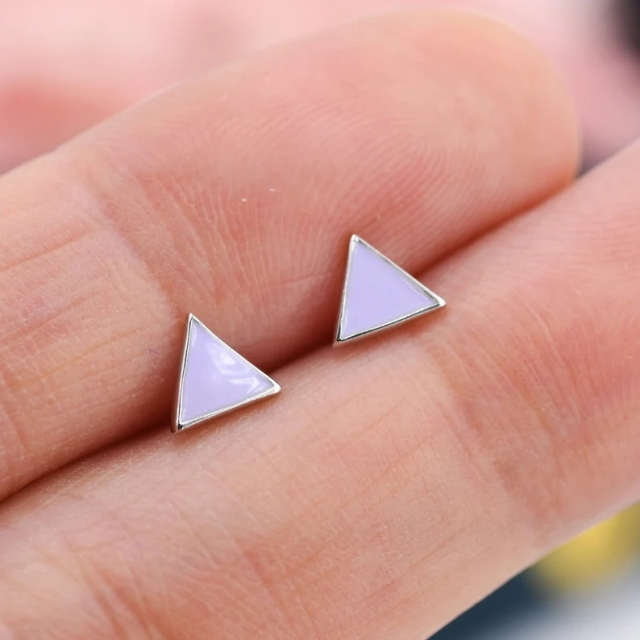 Pastel Purple Triangle Stud Earrings in Sterling Silver with Hand Painted Enamel, Black Stud, Tiny Triangle Stud