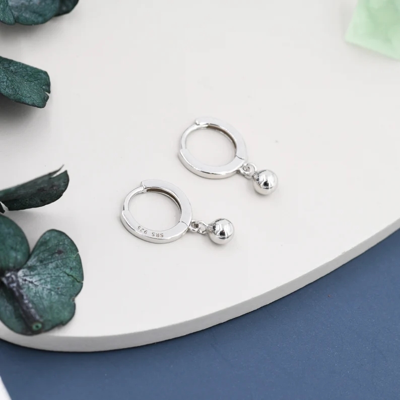 Dangle Ball Hoop Earrings in Sterling Silver, Dangle Hoop Earrings, Silver, Gold or Rose Gold, Silver Ball Huggie Hoops