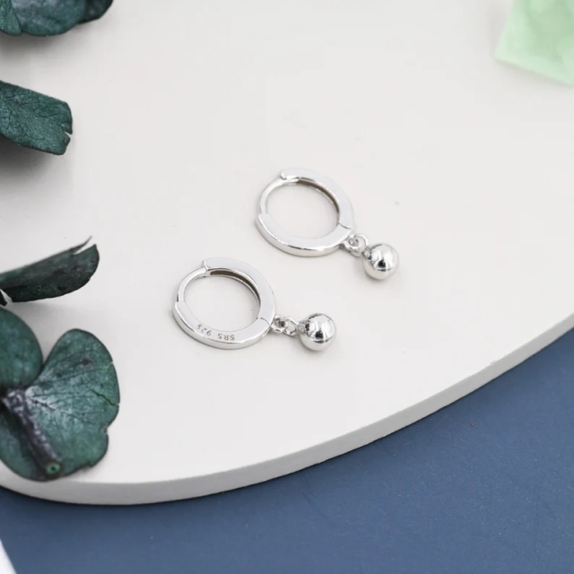 Dangle Ball Hoop Earrings in Sterling Silver, Dangle Hoop Earrings, Silver, Gold or Rose Gold, Silver Ball Huggie Hoops