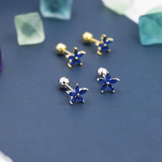 Sterling Silver Blue Forget-me-not CZ Flower Barbell Earrings, Gold or Silver, Marquise CZ Screw Back Earrings, Stacking Earings