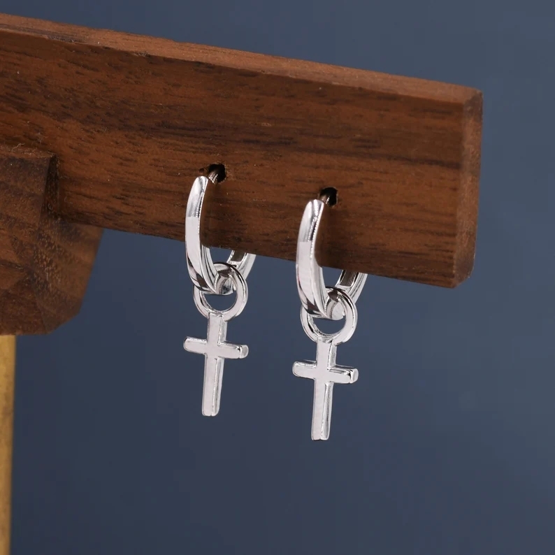 Sterling Silver Cross Hoop Earrings, 8mm or 10mm, Detachable Charm Hoop Earrings, Cross Earrings, Silver or Gold, Interchangeable