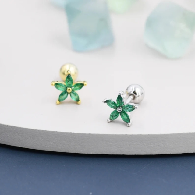 Sterling Silver Emerald Green CZ Flower Barbell Earrings, Gold or Silver, Marquise CZ Screw Back Earrings, Stacking Earings