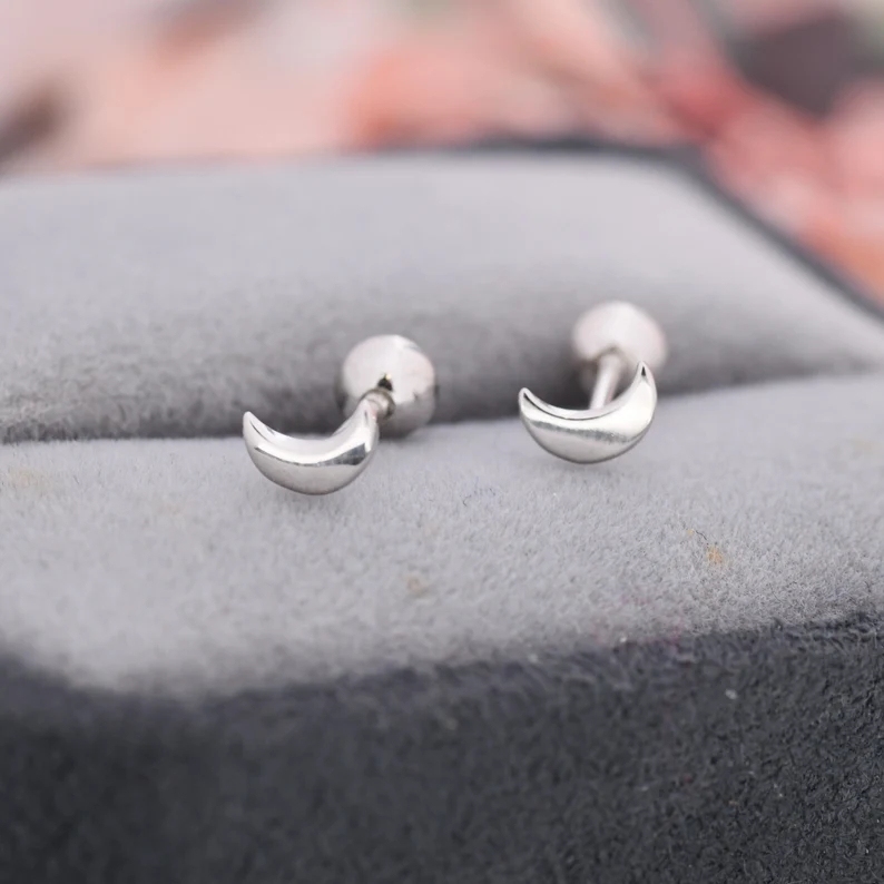 Tiny Crescent Moon Barbell Earrings in Sterling Silver, Screw Back Moon Earrings, Celestial Earrings