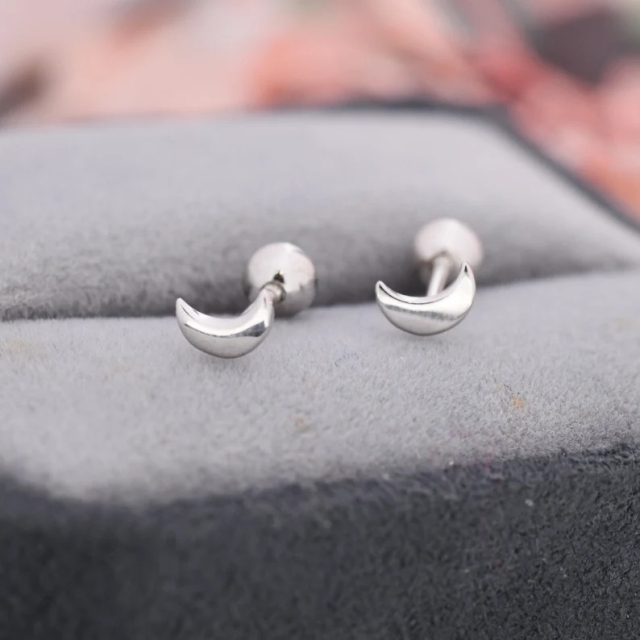 Tiny Crescent Moon Barbell Earrings in Sterling Silver, Screw Back Moon Earrings, Celestial Earrings