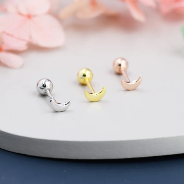 Tiny Crescent Moon Barbell Earrings in Sterling Silver, Screw Back Moon Earrings, Celestial Earrings