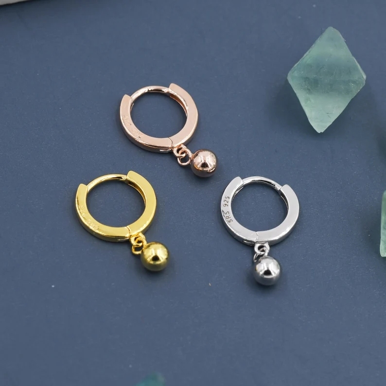 Dangle Ball Hoop Earrings in Sterling Silver, Dangle Hoop Earrings, Silver, Gold or Rose Gold, Silver Ball Huggie Hoops