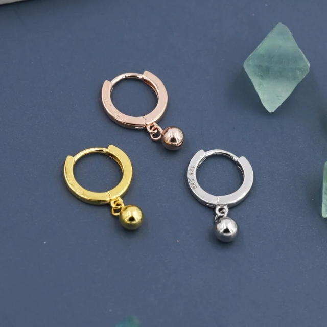 Dangle Ball Hoop Earrings in Sterling Silver, Dangle Hoop Earrings, Silver, Gold or Rose Gold, Silver Ball Huggie Hoops