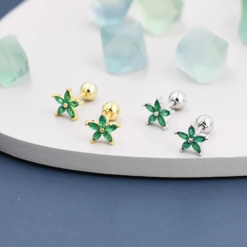 Sterling Silver Emerald Green CZ Flower Barbell Earrings, Gold or Silver, Marquise CZ Screw Back Earrings, Stacking Earings