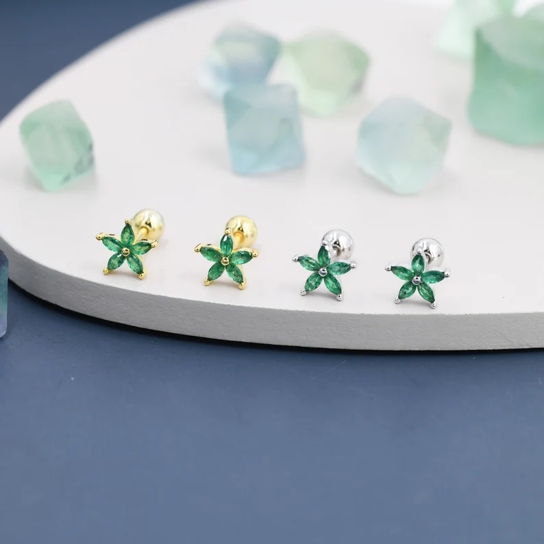 Sterling Silver Emerald Green CZ Flower Barbell Earrings, Gold or Silver, Marquise CZ Screw Back Earrings, Stacking Earings